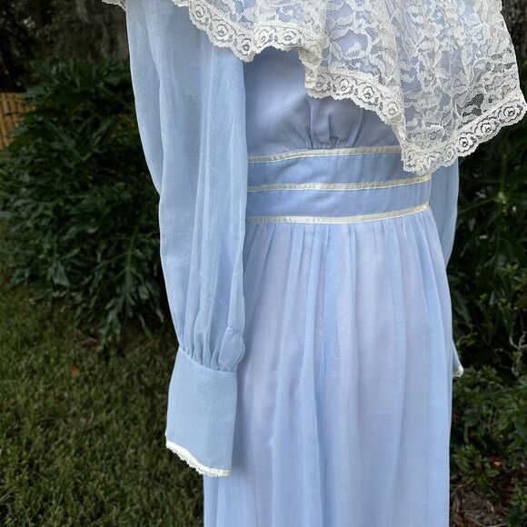 70s Candi Jones California Vintage Prairie Maxi Blue Lace High Neck Long 9 - Picture 4 of 14
